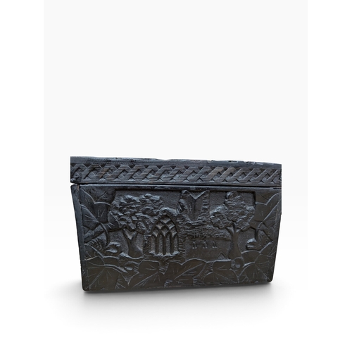 7 - 19th C. Irish box oak box carved with Ivy leaf and depicting graveyard and Round Tower and Abbey.  {... 