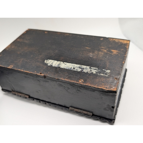 8 - 19th C. Irish bog oak box carved with Shamrocks and Harp. {7 cm H x 19 cm W x 4 cm D}.