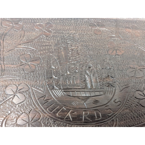 9 - 19th C. Irish bog oak box carved with Shamrocks and Muckross Abbey scene. {5 cm H x 17 cm W x 11 cm ... 