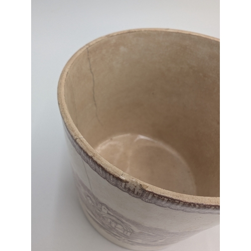 90 - Two 1st period Belleek mugs and a transferware mug. {10 cm H x 13 cm W x 10 cm D}.
