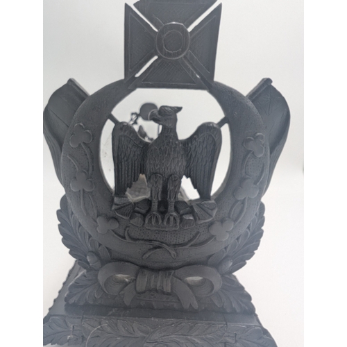 92 - 19th C. Irish carved bog oak book stand depicting Queen Maeve with a Harp and Eagle. {18 cm H x 49 c... 