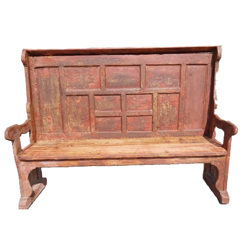 19th C. Irish pine settle seat with inset panelled back from South of Ireland with original paint. {135 cm H x 183 cm W x 61 cm D}.