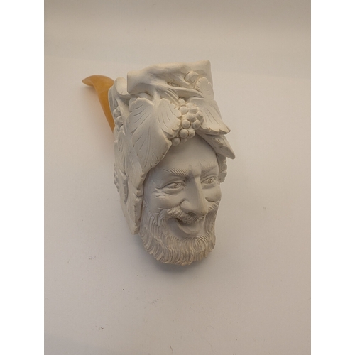 25 - Hand-carved block meerschaum tobacco pipe depicting the Roman wine god Bacchus in case