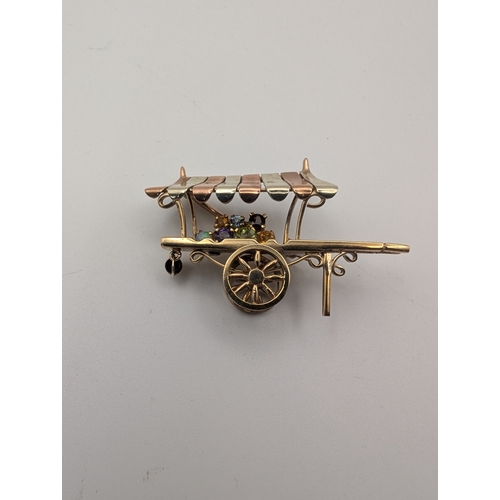57 - 9 carat gold cart brooch with coloured gemstones by Weir & Sons - 8grms