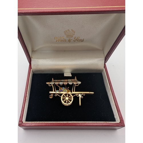 57 - 9 carat gold cart brooch with coloured gemstones by Weir & Sons - 8grms