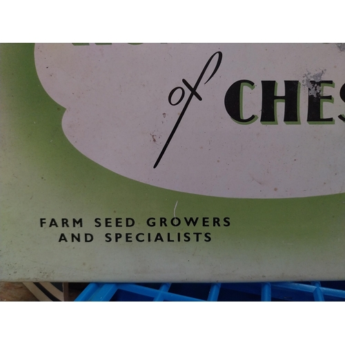 16 - Hunters of Chester Farm Seed Growers celluloid shelf sign. {19 cm H x 28 cm W}.