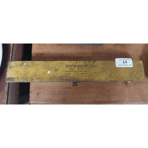 18 - Dunlop Twin Tyre Pressure Gauge in original box and HP Tyler ruler {3 cm H x 31 cm W x 5 cm D}.