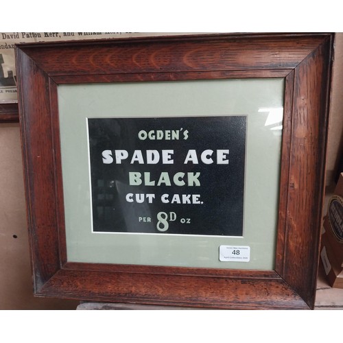 36 - Ogdens Spade Ace Black Cut Cake framed showcard. {37 cm H x 37 cm W}. and Gallaher's De Luxe Cigaret... 