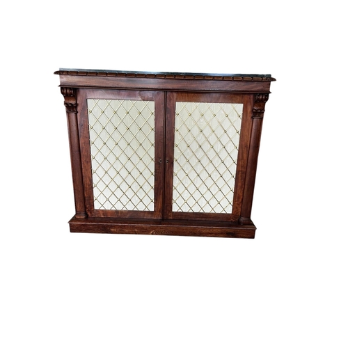27 - Regency mahogany side cabinet with marble top. {99 cm H x 107 cm W x 43 cm D}. (NOT AVAILABLE TO VIE... 