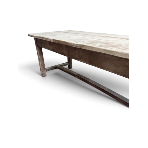 19 - 19th C. pine Country House kitchen table on square legs and single stretcher. {74 cm H x 232 cm W x ... 