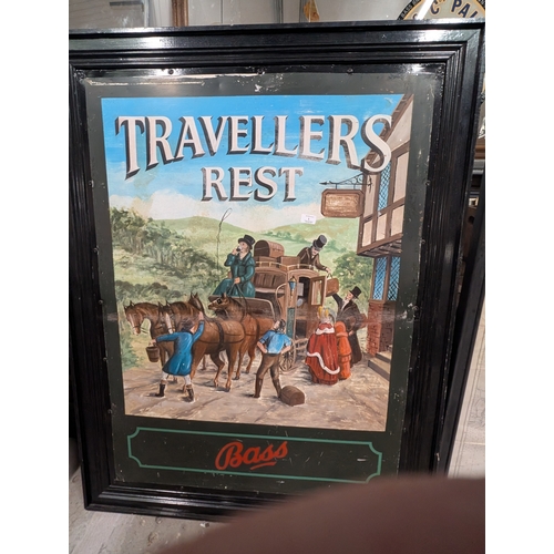 1 - Tin plate Travellers Rest Bass advertisment depicting horses and mail coach {140cm h x 106cm W}