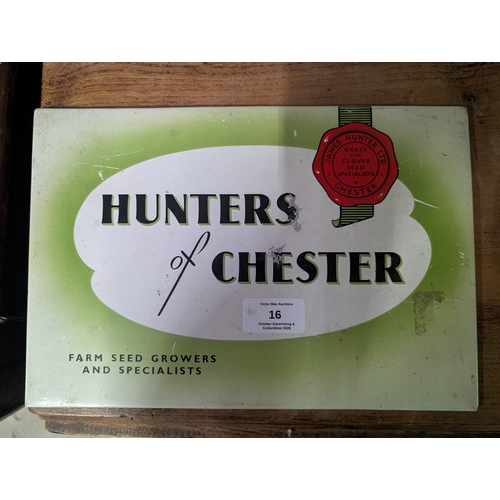 16 - Hunters of Chester Farm Seed Growers celluloid shelf sign. {19 cm H x 28 cm W}.