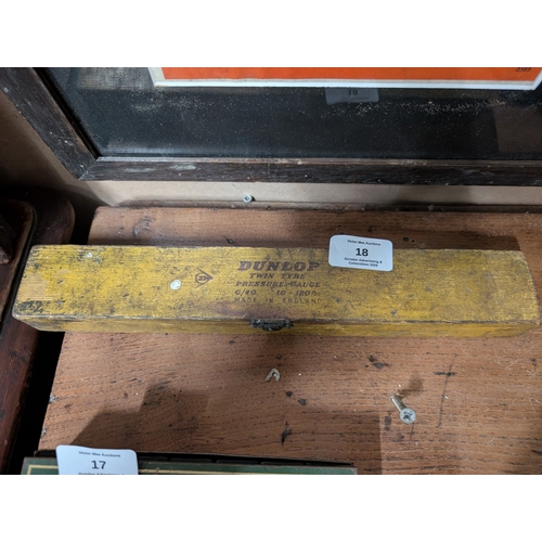 18 - Dunlop Twin Tyre Pressure Gauge in original box and HP Tyler ruler {3 cm H x 31 cm W x 5 cm D}.