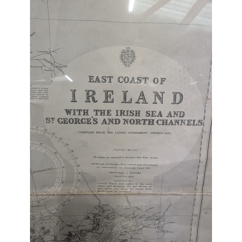 2 - Victorian map of the East coast of Ireland, with the Irish Sea and St Channell 1885 {138cm h x 80cm ... 