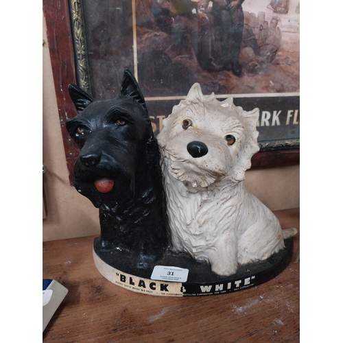 31 - Black and White Whiskey ruberoid advertising model of Scottie Dogs. {32 cm H x 29 cm W x 9 cm D}.