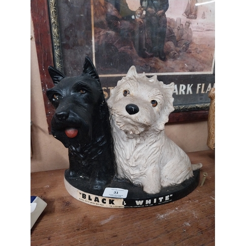 31 - Black and White Whiskey ruberoid advertising model of Scottie Dogs. {32 cm H x 29 cm W x 9 cm D}.