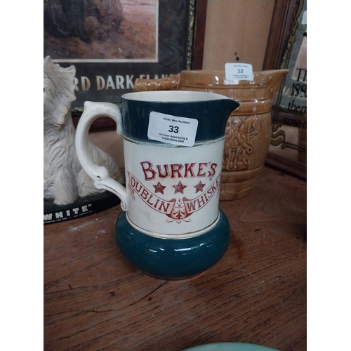 33 - Burke's Dublin Whiskey ceramic water advertising jug. {17 cm H x 15 cm W x 12 cm D}.