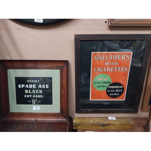 36 - Ogdens Spade Ace Black Cut Cake framed showcard. {37 cm H x 37 cm W}. and Gallaher's De Luxe Cigaret... 