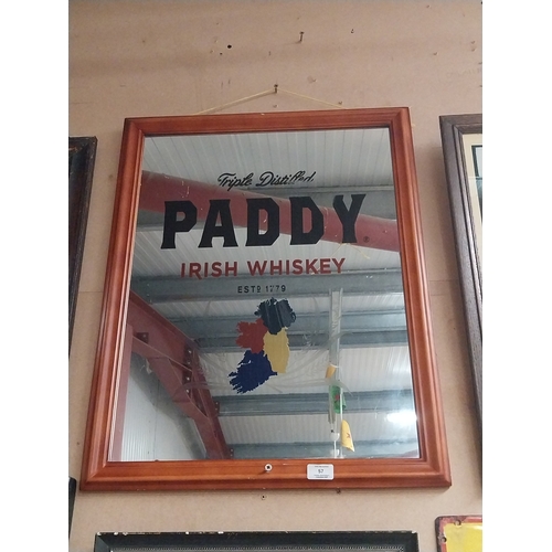 57 - Framed Paddy Irish Whiskey advertising mirror. {69 cm H x 55 cm W}.