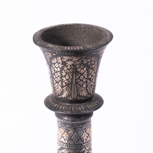 132 - AN INDIAN BIDRI BOTTLE, HYDERABAD INDIA, 19TH CENTURY

Of teardrop shape with linear floral designs ... 