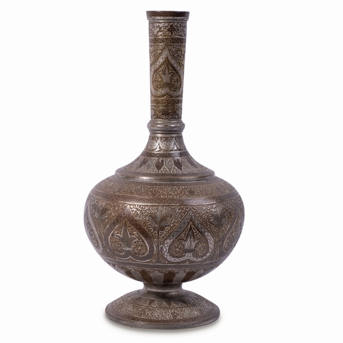 133 - AN INDIAN BIDRI BOTTLE (SURAHI), HYDERABAD, INDIA, 19TH CENTURY

Of bulbous form, rising from flarin... 