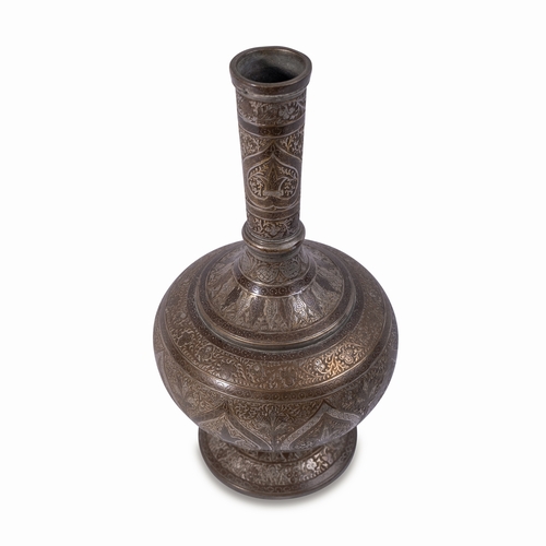 133 - AN INDIAN BIDRI BOTTLE (SURAHI), HYDERABAD, INDIA, 19TH CENTURY

Of bulbous form, rising from flarin... 