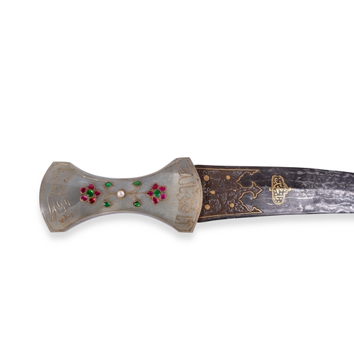 53 - A MUGHAL JADE-HILTED STEEL DAGGER, INDIA, 19TH CENTURY

The double-edged steel blade, decorated in g... 