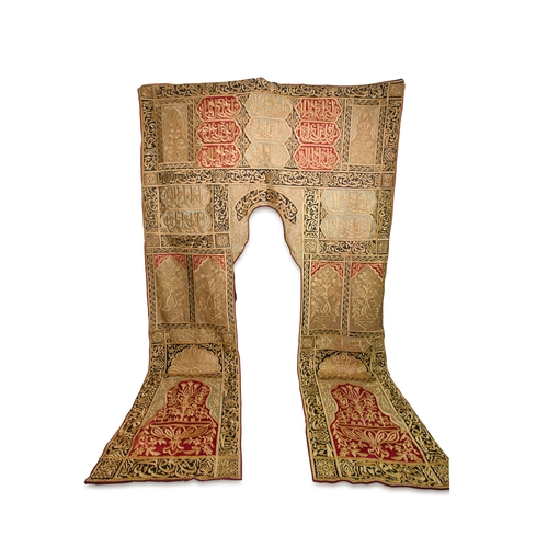 71 - AN OTTOMAN MIHRAB BROCADE DOOR DECORATION, PORTIÈRE, POSSIBLY SYRIA OR EGYPT, 19TH CENTURY, CIRCA 18... 