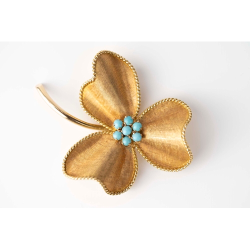 1 - Gold and Turquoise Brooch  

Designed as a lotus flower, growing from its stem, set with round turqu... 