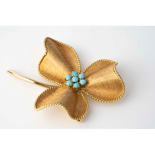 1 - Gold and Turquoise Brooch  

Designed as a lotus flower, growing from its stem, set with round turqu... 