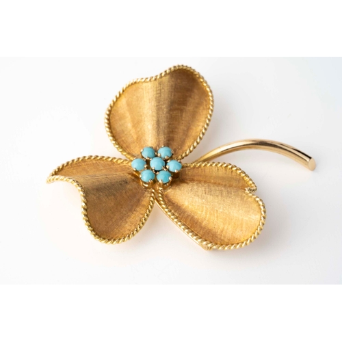 1 - Gold and Turquoise Brooch  

Designed as a lotus flower, growing from its stem, set with round turqu... 