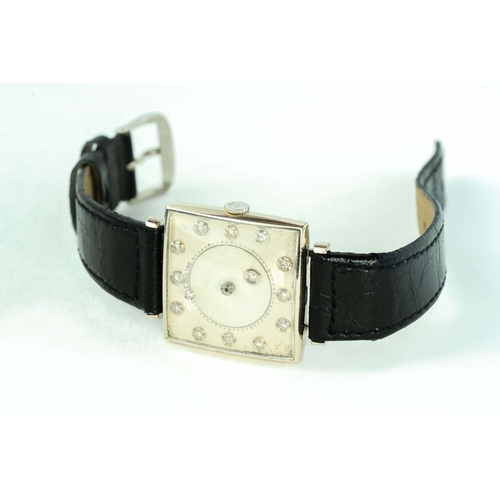 116 - Le Coultre Mystery Dial Watch 

14 K White Gold, square case, 30mm and Diamond Dial, 18mm lugs, runn... 