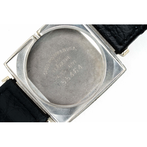 116 - Le Coultre Mystery Dial Watch 

14 K White Gold, square case, 30mm and Diamond Dial, 18mm lugs, runn... 