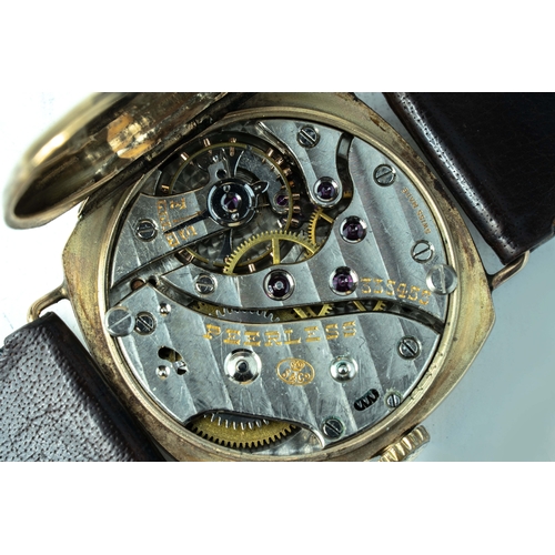 118 - Peerles 9K yellow Trench Watch

31mm square case, subsidiary seconds, wire lugs, running but not tim... 