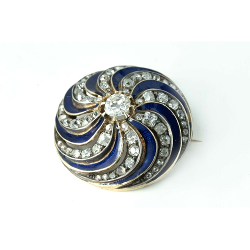 124 - Cartier Gold Diamond and Blue Enamel Brooch 

Of pinwheel design, enamel and diamond gold brooch, Ce... 