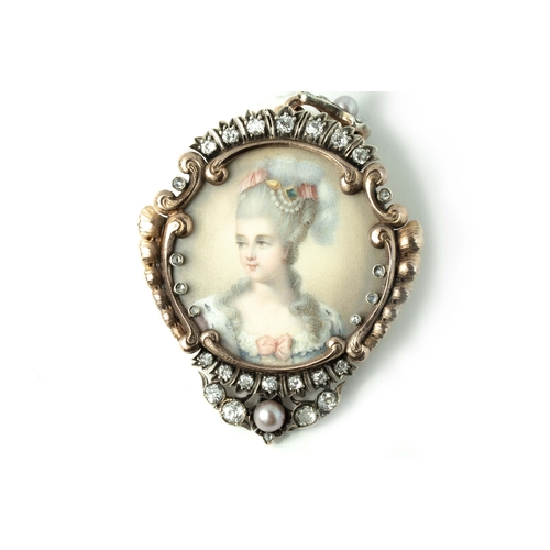 127 - Antique Rose Gold, Enamel Portrait, Diamond and Natural Pearl Pendant / Brooch 

A diamond, natural ... 