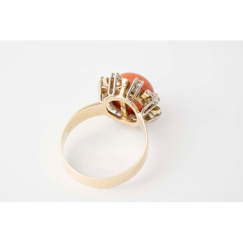 13 - Coral and Diamond Ring    

14ct A coral and diamond ring, featuring a cabochon coral stone, set wit... 