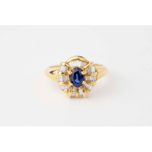 Sapphire and Diamond Ring  

An oval-shaped sapphire to centre, accented by round diamonds sapphire approx. 1ct, approx. 1ct ttw diamonds, Size 5.5 US, Size L UK, 18K Yellow Gold, 4.2 grams