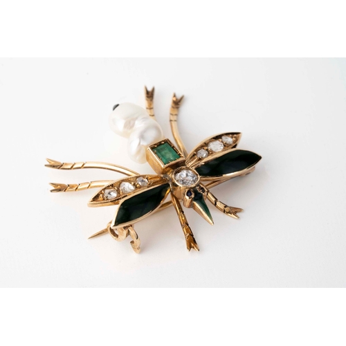 2 - Enamel, Emerald, Diamond and Natural Pearl “Mosquito” Gold Brooch, Possibly ‘Suffragette’ Jewellery ... 