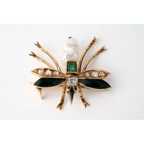 2 - Enamel, Emerald, Diamond and Natural Pearl “Mosquito” Gold Brooch, Possibly ‘Suffragette’ Jewellery ... 