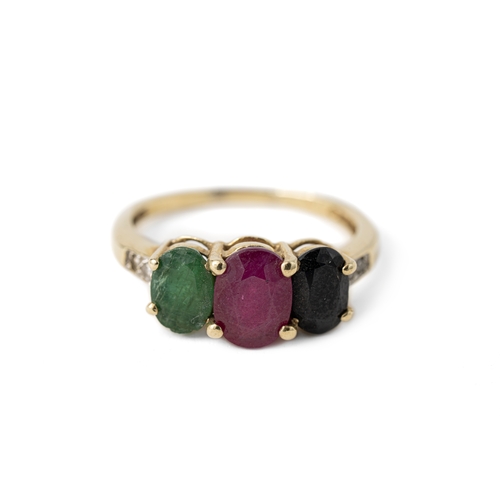 48 - Gold Trilogy Colour Stone Ring With Diamonds  

Oval sapphire, ruby and emerald stones in a classic ... 