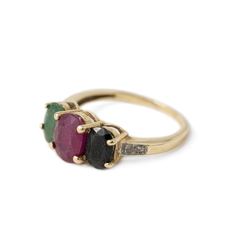 48 - Gold Trilogy Colour Stone Ring With Diamonds  

Oval sapphire, ruby and emerald stones in a classic ... 