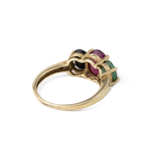 48 - Gold Trilogy Colour Stone Ring With Diamonds  

Oval sapphire, ruby and emerald stones in a classic ... 