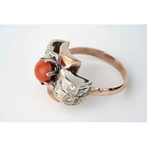 5 - A Coral and Diamond Ring   

A round coral stone to centre, within six claws, set with round diamond... 