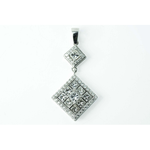 64 - Diamond-Shaped Diamond Pendant    

Of diamond shape, set in a square collet with princess-cut diamo... 