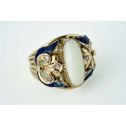 68 - Opal Blue Enamel And Diamond Vintage Gold Ring

An oval-shaped opal as the focal point, diamonds and... 