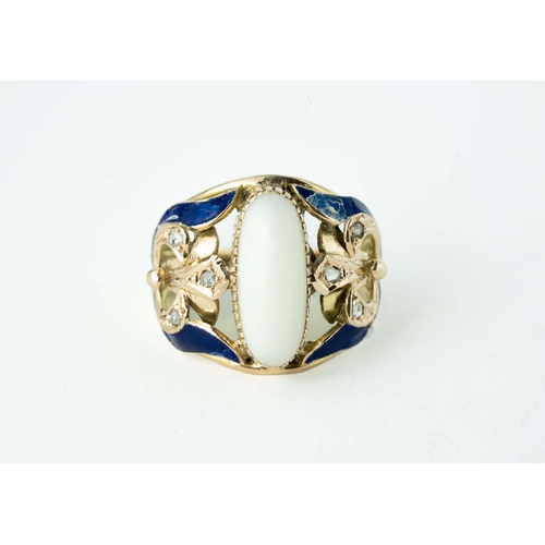 68 - Opal Blue Enamel And Diamond Vintage Gold Ring

An oval-shaped opal as the focal point, diamonds and... 