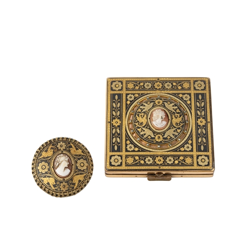 162 - Toledo Damascene Gilt Lady’s Powder Compact With Shell Cameo and Marcasite, Together With A Brooch  ... 