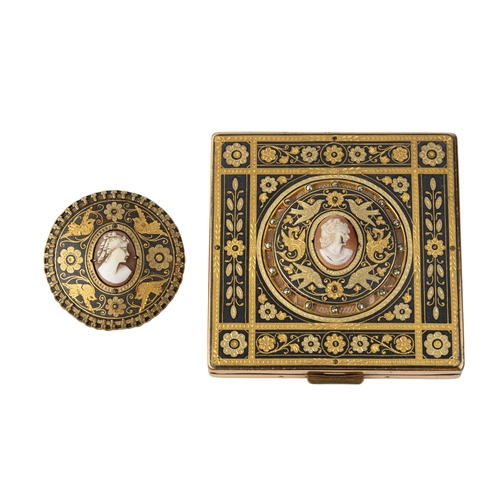 162 - Toledo Damascene Gilt Lady’s Powder Compact With Shell Cameo and Marcasite, Together With A Brooch  ... 