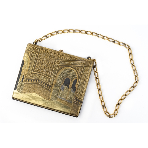 163 - Toledo Damascene Gilt Purse On Chain

Leather lined interior and pouch, with mirror, depicting the i... 